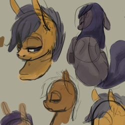 Size: 1280x1280 | Tagged: safe, artist:erijt, character:scootaloo, oc, oc:sable, species:earth pony, species:pegasus, species:pony, duo, female, filly, floppy ears, lidded eyes, mare, rear view, simple background, sketch, sketch dump