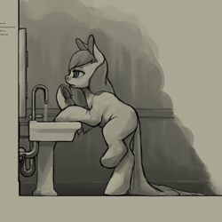 Size: 1280x1280 | Tagged: safe, artist:erijt, oc, oc only, oc:sable, species:earth pony, species:pony, female, grayscale, lidded eyes, mare, monochrome, sink, solo, washing