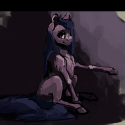 Size: 1192x1193 | Tagged: safe, artist:erijt, oc, oc only, oc:sable, species:earth pony, species:pony, blank flank, female, lidded eyes, looking at you, mare, sitting, smiling, solo
