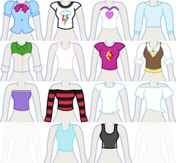Size: 1136x1052 | Tagged: safe, artist:liggliluff, character:applejack, character:babs seed, character:cheerilee, character:fluttershy, character:pinkie pie, character:rainbow dash, character:rarity, character:sunflower, character:sunset shimmer, character:trixie, character:twilight sparkle, oc, oc:princess paradise, my little pony:equestria girls, assets, belly button, clothing, dress up, dressup game, humane five, humane seven, humane six, midriff, shirt, short shirt, sports bra, sweater vest, tank top, vector, vest