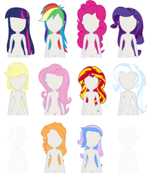 Size: 1080x1268 | Tagged: safe, artist:liggliluff, character:applejack, character:fluttershy, character:pinkie pie, character:rainbow dash, character:rarity, character:sunflower, character:sunset shimmer, character:trixie, character:twilight sparkle, oc, oc:princess paradise, my little pony:equestria girls, assets, belly button, dress up, dressup game, hair, hairstyle, humane five, humane seven, humane six, one of these things is not like the others, vector