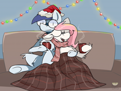 Size: 700x525 | Tagged: safe, artist:dfs, artist:difis, oc, oc only, oc:slipstream, oc:sugar morning, species:pegasus, species:pony, episode:hearth's warming eve, g4, my little pony: friendship is magic, blanket, chocolate, christmas, christmas lights, clothing, couple, female, food, happy hearth's warming, hat, hearth's warming, holiday, hot chocolate, male, mare, merry christmas, oc x oc, pegasus oc, pillow, santa hat, scarf, shipping, stallion, straight, sugarstream, wings, ych result