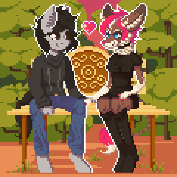 Size: 600x600 | Tagged: safe, artist:stockingshot56, oc, oc:leisure days, species:anthro, animated, bench, couple, date, forest, gif, loop, park, pixel art