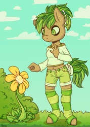 Size: 1668x2348 | Tagged: safe, artist:breeoche, oc, oc only, oc:evergreen breeze, species:anthro, species:earth pony, species:pony, species:unguligrade anthro, bow, clothing, female, flower, hair bow, socks, solo, standing, stockings, striped socks, tail bow, thigh highs