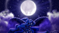 Size: 2200x1238 | Tagged: safe, artist:esuka, character:princess luna, species:alicorn, species:pony, big wings, female, mare, moon, night, solo, spread wings, stars, wings