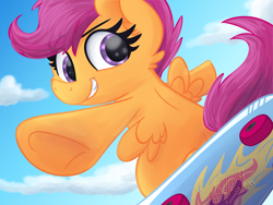 Size: 2000x1500 | Tagged: safe, artist:littleblackraencloud, character:scootaloo, species:pegasus, species:pony, bipedal, cute, cutealoo, ear fluff, eye clipping through hair, eyebrows, eyebrows visible through hair, female, filly, looking at you, skateboard, skaterloo, smiling, solo