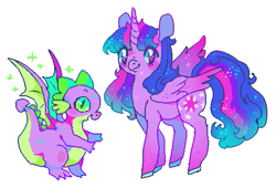 Size: 515x351 | Tagged: safe, artist:njeekyo, character:spike, character:twilight sparkle, character:twilight sparkle (alicorn), species:alicorn, species:dragon, species:pony, episode:molt down, g4, my little pony: friendship is magic, duo, kidcore, simple background, stylized, white background, winged spike