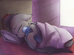 Size: 1200x897 | Tagged: safe, artist:blvckmagic, oc, oc:blitz streak, species:pony, bed, blanket, cute, lying on bed, male, pillow, plushie, sleeping, snuggling