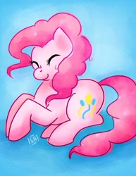 Size: 600x776 | Tagged: safe, artist:steveholt, character:pinkie pie, species:earth pony, species:pony, blue background, eyes closed, female, mare, prone, smiling, solo