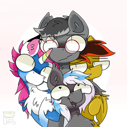 Size: 5120x5120 | Tagged: safe, artist:difis, oc, oc only, species:earth pony, species:pegasus, species:pony, species:unicorn, absurd resolution, digital art, ear fluff, female, glasses, looking at each other, mare, quarter, rainbow horn, simple background, watermark, wide eyes, ych result