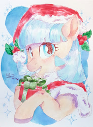Size: 1920x2630 | Tagged: safe, artist:laps-sp, character:coco pommel, species:earth pony, species:pony, christmas, clothing, cocobetes, cute, female, hat, holiday, mare, present, santa hat, smiling, solo, traditional art