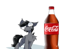 Size: 8000x5120 | Tagged: safe, artist:difis, oc, oc only, oc:grey matter, species:pony, absurd resolution, chest fluff, coca-cola, digital art, ear fluff, male, product placement, simple background, smiling, soda, solo, stallion, white background, wide eyes, ych result