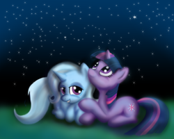 Size: 1800x1440 | Tagged: safe, artist:gunslingerpen, character:trixie, character:twilight sparkle, character:twilight sparkle (unicorn), species:pony, species:unicorn, ship:twixie, g4, duo, female, lesbian, looking up, mare, night, photoshop, prone, shipping, stargazing