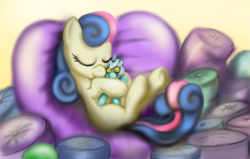 Size: 1683x1068 | Tagged: safe, artist:gunslingerpen, character:bon bon, character:lyra heartstrings, character:sweetie drops, species:earth pony, species:pony, g4, eyes closed, female, filly, foal, hug, pillow, plushie, solo