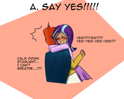 Size: 1000x800 | Tagged: safe, artist:zouyugi, character:starlight glimmer, character:sunburst, species:human, ship:starburst, cloak, clothing, female, happy, hug, humanized, male, marriage proposal, moderate dark skin, shipping, straight, yes yes yes