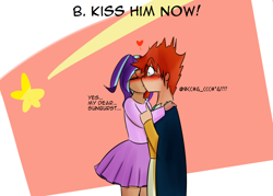 Size: 1400x1000 | Tagged: safe, artist:zouyugi, character:starlight glimmer, character:sunburst, species:human, ship:starburst, censored vulgarity, cloak, clothing, female, grawlixes, humanized, kissing, male, muffled, shipping, straight, surprised