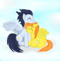 Size: 969x978 | Tagged: safe, artist:gunslingerpen, character:soarin', character:spitfire, species:pegasus, species:pony, ship:soarinfire, g4, cloud, cloudy, eyes closed, female, male, mare, photoshop, shipping, sitting, stallion, straight