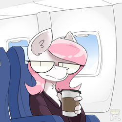 Size: 5120x5120 | Tagged: safe, artist:dfs, artist:difis, oc, oc only, oc:sugar morning, species:anthro, species:pony, bust, chair, coffee, female, mare, plane, portrait, seat, solo, straight face, text, tired, window