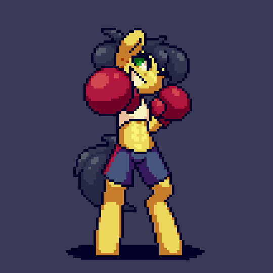 Size: 540x540 | Tagged: safe, artist:stockingshot56, oc, oc only, oc:uppercute, species:earth pony, species:pony, abs, animated, bipedal, boxing gloves, clothing, female, freckles, gif, idle, idle animation, mare, pixel art, solo