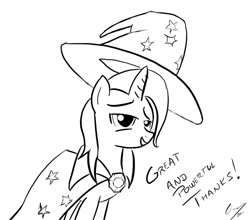 Size: 905x797 | Tagged: safe, artist:gunslingerpen, character:trixie, species:pony, species:unicorn, g4, female, lineart, mare, monochrome, photoshop, simple background, sketch, solo, white background