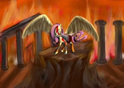 Size: 3600x2552 | Tagged: safe, artist:gunslingerpen, character:fluttershy, species:pegasus, species:pony, crossover, female, fire, flutterrage, god of war, high res, kratos, mare, mouth hold, photoshop, ruins, solo, spread wings, weapon, wings