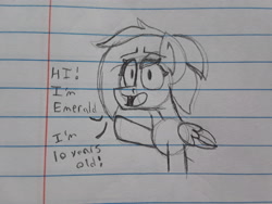 Size: 2576x1932 | Tagged: safe, artist:drheartdoodles, oc, oc:emerald beats, species:pegasus, species:pony, dialogue, doodle, female, filly, grayscale, greetings, happy, lined paper, monochrome, sketch, smol, solo, traditional art