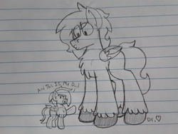 Size: 2576x1932 | Tagged: safe, artist:drheartdoodles, oc, oc:dr.heart, oc:emerald beats, species:pegasus, species:pony, clydesdale, daughter, duo, family, father, father and daughter, female, filly, grayscale, lined paper, male, monochrome, o3o, size difference, traditional art