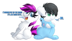 Size: 1920x1080 | Tagged: safe, artist:littleblackraencloud, oc, oc only, oc:blitz flame, oc:ember frost, species:pony, animal costume, bunny costume, clothing, costume, cute, dialogue, duo, easter, easter bunny, female, grumpy, holiday, male, mare, no, simple background, stallion, transparent background, ych result