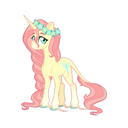 Size: 900x900 | Tagged: safe, artist:whalepornoz, character:fluttershy, species:classical unicorn, species:pony, species:unicorn, g5 leak, leak, alternate design, braid, cloven hooves, female, floral head wreath, flower, fluttershy (g5), leonine tail, looking at you, mare, redesign, simple background, smiling, solo, stray strand, three quarter view, transparent background, unicorn fluttershy, unshorn fetlocks