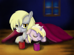 Size: 1024x768 | Tagged: safe, artist:gunslingerpen, character:derpy hooves, character:dinky hooves, species:pegasus, species:pony, species:unicorn, g4, blanket, duo, duo female, equestria's best mother, family, female, filly, mare, mug, photoshop, prone, sleeping