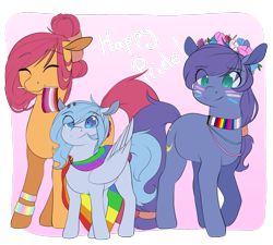 Size: 1280x1151 | Tagged: safe, artist:rue-willings, oc, oc:bubblepop, oc:morning dew, oc:sweet night, species:pony, asexual, asexual pride flag, bisexual pride flag, bisexuality, face paint, female, filly, flag, floral head wreath, flower, gay, gay pride flag, lesbian, lesbian pride flag, lgbt, male, mare, pride, pride accessories, pride face paint, pride flag, pride flag bracelet, pride flag cape, pride flag necklace, pride flower crown, pride month, trans female, transgender, transgender pride flag, trio