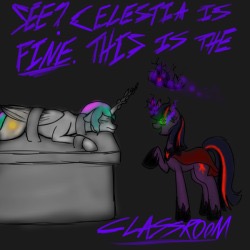 Size: 250x250 | Tagged: safe, artist:sinsays, part of a set, character:princess celestia, character:twilight sparkle, character:twilight sparkle (unicorn), species:alicorn, species:pony, species:unicorn, ask corrupted twilight sparkle, betrayal, bondage, bondage cuffs, bondage furniture, bondage gear, bondage manacles, bound wings, cape, clothing, collar, color change, corrupted, corrupted element of harmony, corrupted element of magic, corrupted twilight sparkle, crown, cuffs, curved horn, dark, dark equestria, dark magic, dark queen, dark world, darkened coat, darkened hair, duo, duo female, female, glowing horn, hoof shoes, horn, horn crystals, insanity, jewelry, magic, magic suppression, manacles, necklace, part of a series, picture for breezies, queen twilight, regalia, shoes, sombra empire, sombra eyes, sombra horn, table, tiara, tumblr, tumblr:ask corrupted twilight sparkle, tyrant sparkle