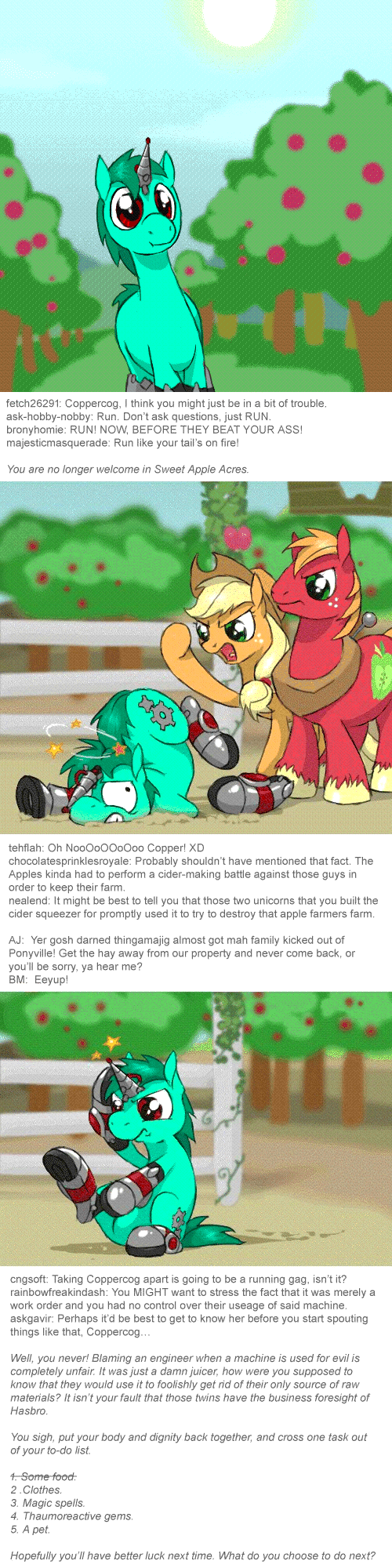 Size: 500x2000 | Tagged: safe, artist:drjavi, character:applejack, character:big mcintosh, oc, oc:coppercog, amputee, animated, caption, cyborg, gif, gif with captions, how coppercog met yhsrettulf, missing limb, prosthetic limb, prosthetics, quadruple amputee, stump, tumblr:ask coppercog