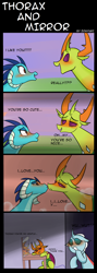 Size: 1000x2800 | Tagged: safe, artist:zouyugi, character:ocellus, character:princess ember, character:thorax, species:changeling, species:reformed changeling, blushing, comic, dialogue, embrax, fantasizing, fantasy, female, imagination, imagine spot, interspecies, kissing, male, mirror, shipping, straight
