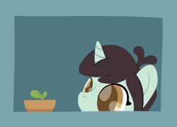 Size: 2436x1744 | Tagged: safe, artist:phat_guy, derpibooru original, character:sprout greenhoof, species:pony, species:unicorn, female, flower pot, frame, horn, las pegasus resident, lineless, mare, potted plant, simple background, solo