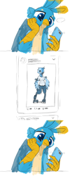 Size: 2000x4420 | Tagged: safe, artist:satv12, character:gallus, species:anthro, species:griffon, ..., blushing, cellphone, female, frown, looking at something, male, meta, phone, pictogram, shipping, smartphone, smiling, solo, straight, tweetfur, twitter
