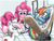 Size: 1034x778 | Tagged: safe, artist:gunslingerpen, character:nurse redheart, character:pinkie pie, character:rainbow dash, species:earth pony, species:pegasus, species:pony, g4, bandage, bed, button, cast, female, hospital, injured, mare, ouch, photoshop, trio, trio female