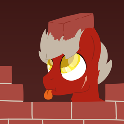 Size: 2560x2560 | Tagged: safe, artist:phat_guy, derpibooru original, oc, oc only, oc:brickheart, species:earth pony, species:pony, blep, brick, brick wall, bust, lineless, male, portrait, scar, silly, simple background, solo, stallion, tongue out