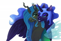 Size: 2100x1443 | Tagged: safe, artist:cascayd, character:nightmare moon, character:princess luna, character:queen chrysalis, species:alicorn, species:changeling, species:pony, ship:chrysmoon, bedroom eyes, blushing, changeling queen, eyeshadow, female, floppy ears, freckles, hug, lesbian, lidded eyes, makeup, mare, nuzzling, shipping, simple background, sitting, smiling, spread wings, white background, winghug, wings
