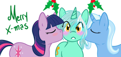 Size: 1280x597 | Tagged: safe, artist:azure-doodle, artist:vaderpl, character:lyra heartstrings, character:trixie, character:twilight sparkle, ship:twyra, blushing, eyes closed, female, holly, holly mistaken for mistletoe, kiss on the cheek, kiss sandwich, kissing, lesbian, sexually confused lyra, shipping