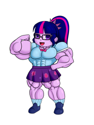 Size: 1500x2000 | Tagged: safe, artist:nokozeze, character:twilight sparkle, character:twilight sparkle (scitwi), species:eqg human, g4, my little pony: equestria girls, my little pony:equestria girls, buff, chibi, clothing, female, glasses, muscle fetish, muscles, open mouth, overdeveloped muscles, simple background, skirt, solo, transparent background, twilight muscle