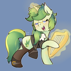 Size: 1500x1500 | Tagged: safe, artist:talimingi, oc, oc:rhythm fruit, species:pony, species:unicorn, bard, boots, clothing, coat, cutie mark, fantasy class, female, leggings, lyre, magic, mare, shoes, simple background, singing, solo, spectacles