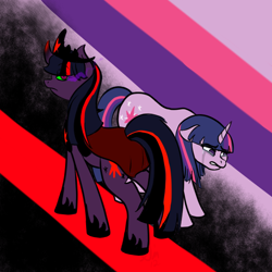 Size: 600x600 | Tagged: safe, artist:sinsays, character:twilight sparkle, character:twilight sparkle (unicorn), species:pony, species:unicorn, ask corrupted twilight sparkle, cape, clothing, color change, corrupted, corrupted element of harmony, corrupted element of magic, corrupted twilight sparkle, crown, crying, curved horn, dark, dark equestria, dark magic, dark queen, dark world, darkened coat, darkened hair, duo, duo female, exploitable meme, failure, female, floppy ears, gritted teeth, hoof shoes, horn, jewelry, magic, meme, necklace, part of a series, queen twilight, regalia, sad, sombra empire, sombra eyes, sombra horn, tiara, tumblr, tumblr:ask corrupted twilight sparkle, two sides, tyrant sparkle, upset, worlds collide
