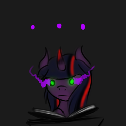 Size: 600x600 | Tagged: safe, artist:sinsays, part of a set, character:twilight sparkle, character:twilight sparkle (unicorn), species:pony, species:unicorn, :i, :l, :|, ask corrupted twilight sparkle, book, color change, confused, corrupted, corrupted twilight sparkle, curved horn, dark, dark equestria, dark magic, dark queen, dark world, darkened coat, darkened hair, female, horn, magic, part of a series, pedestal, poker face, possessed, queen twilight, roleplay, roleplaying, solo, sombra empire, sombra eyes, sombra horn, tumblr, tumblr:ask corrupted twilight sparkle, tyrant sparkle