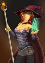 Size: 1385x1920 | Tagged: safe, artist:symptom99, character:sunset shimmer, my little pony:equestria girls, armpits, breasts, clothing, costume, female, fire, grin, halloween, halloween costume, hat, holiday, looking at you, slime, smiling, solo, witch, witch hat