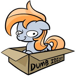 Size: 2228x2228 | Tagged: safe, artist:phat_guy, derpibooru original, oc, oc only, oc:darkest hour, species:earth pony, species:pony, behaving like a cat, box, derp, female, if i fits i sits, mare, pony in a box, self deprecation, simple background, sitting, smiling, solo, transparent background