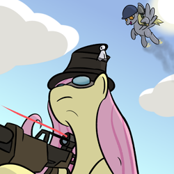 Size: 2560x2560 | Tagged: safe, artist:phat_guy, derpibooru original, character:derpy hooves, character:fluttershy, species:pegasus, species:pony, clothing, cloud, female, ghostly gibus, gibus, gun, hat, helmet, hoof hold, impending doom, low angle, mare, market gardener, oblivious, pyrovision goggles, rifle, rocket jump, shovel, smiling, sniper, sniper rifle, soldier, sun, team fortress 2, the classic, weapon