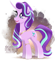 Size: 996x1100 | Tagged: safe, artist:tiffanymarsou, character:starlight glimmer, species:pony, species:unicorn, arm band, curved horn, cutie mark, female, hair flip, hair over one eye, horn, jewelry, mare, necklace, open mouth, regalia, signature, solo