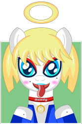 Size: 3133x4724 | Tagged: safe, artist:nupiethehero, oc, oc:mandy the angel, angel, anime style, blonde, blonde hair, blue jacket, blue lipstick, blushing, clothing, collar, crossover, cute, dog collar, eyeshadow, halo, happy, jacket, makeup, moles, red eyeshadow, tales of series, tales skits, tongue out