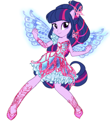 Size: 2250x2500 | Tagged: safe, artist:gihhbloonde, character:twilight sparkle, character:twilight sparkle (alicorn), species:alicorn, species:human, species:pony, my little pony:equestria girls, blue wings, butterflix, clothing, crossover, dress, fairy, fairy wings, fairyized, female, high heels, humanized, musa, ponied up, pony ears, rainbow s.r.l, shoes, simple background, smiling, solo, transparent background, winged humanization, wings, winx club